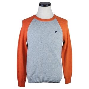American Eagle Men's Sweater Medium Gray Orange Colorblock Classic Fit Crewneck